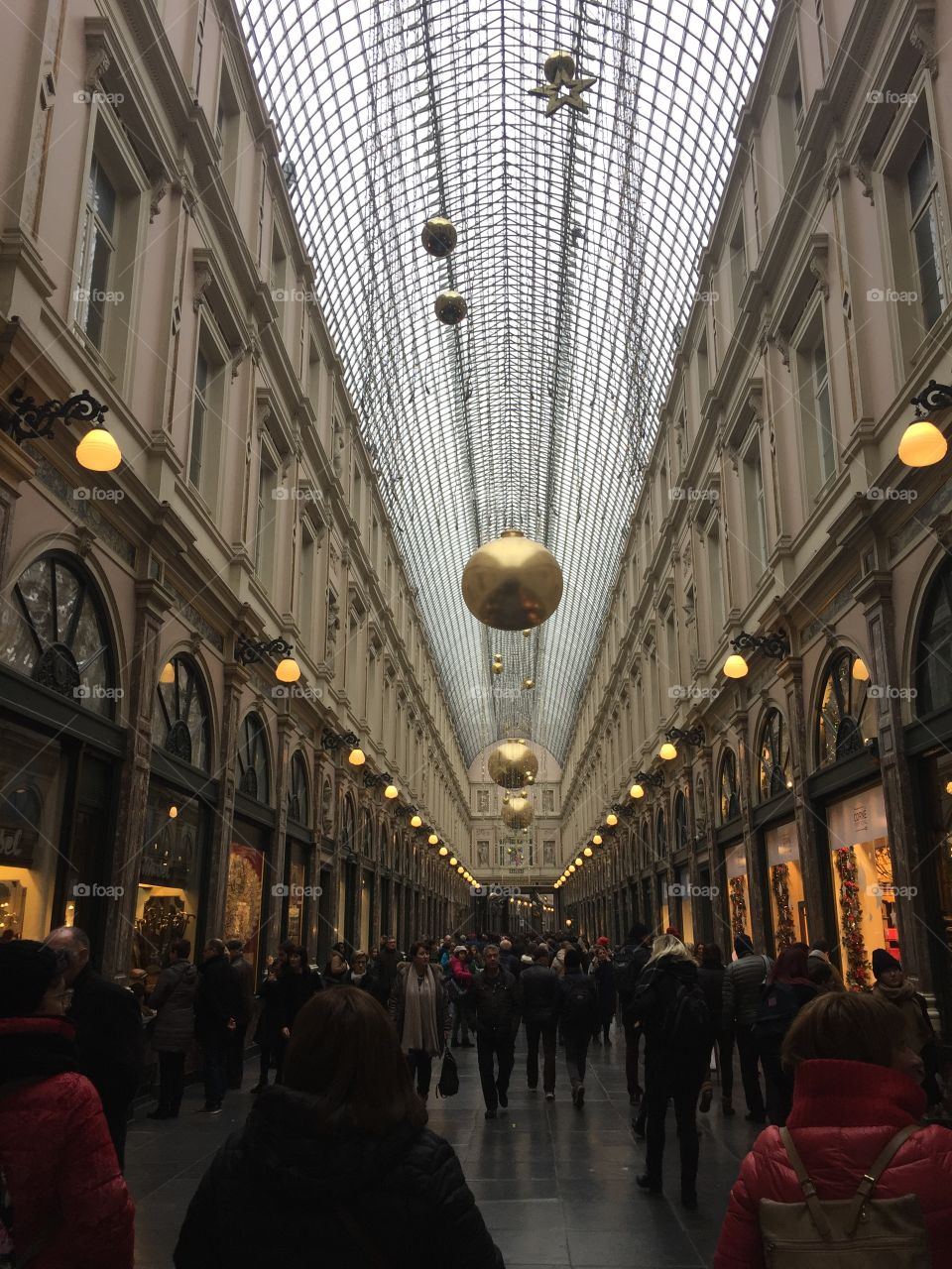 Brussels, Belgium Galeries Royales Saint-Hubert mall decorated for Christmas 2016 shopping.