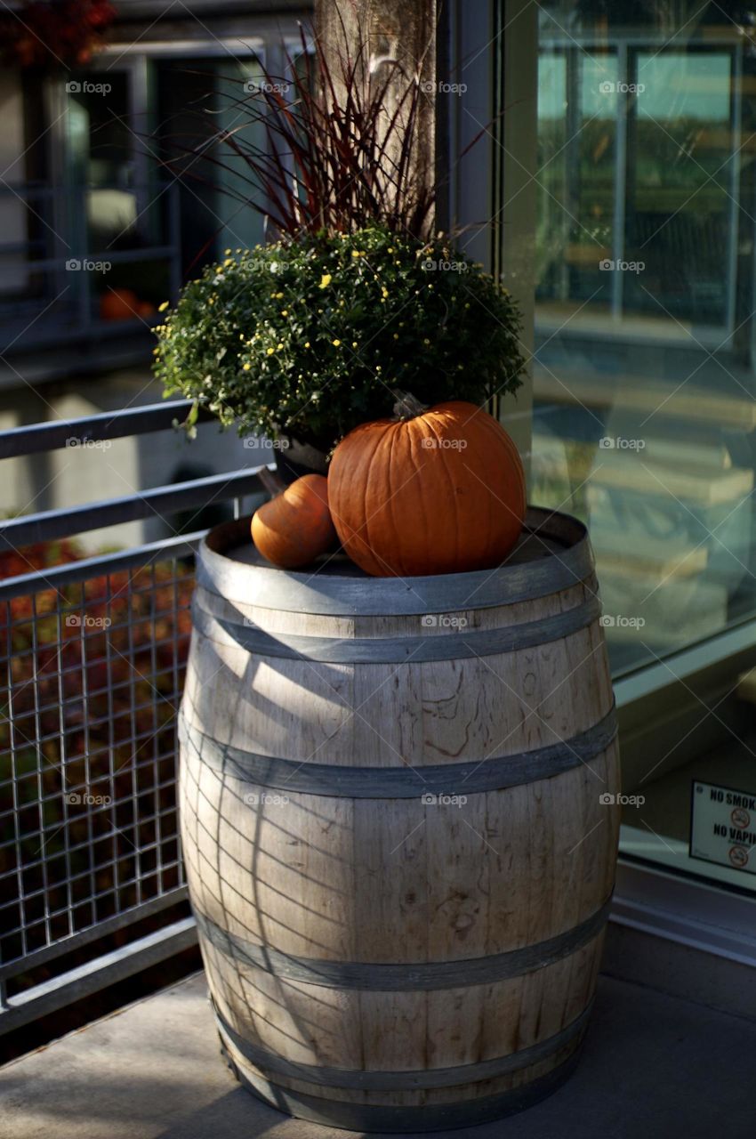 Fall decorations on a wine barrel.