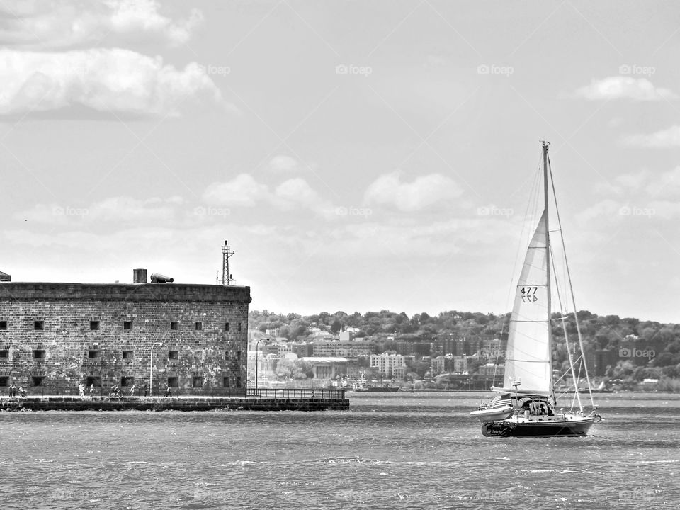 Sailing to  Governor's Island. Black and white photo of a vintage sailboat cruising the Hudson River towards Governor's Island. 
Zazzle.com/Fleetphoto 