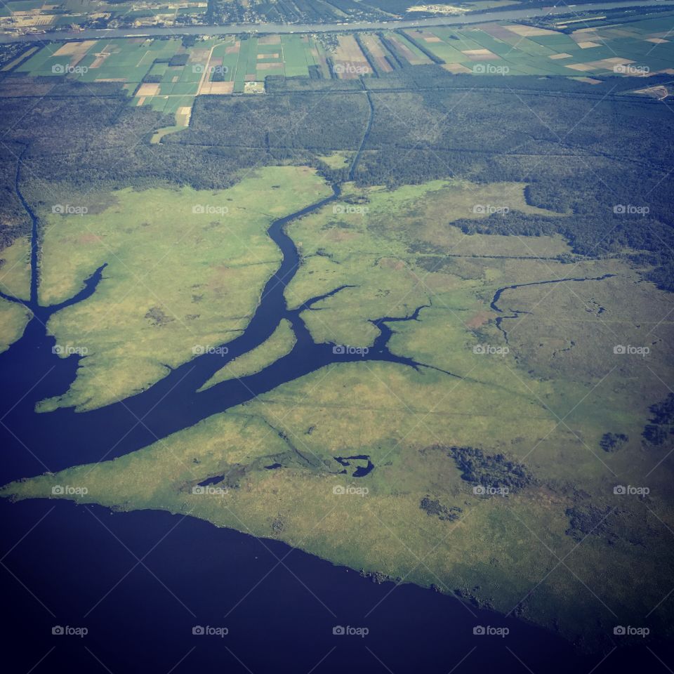 Flying into New Orleans, Louisiana over the swamp.