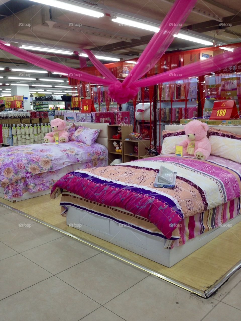 Beds and furniture merchandise in a mall