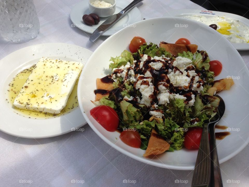 High angle view of greek salad