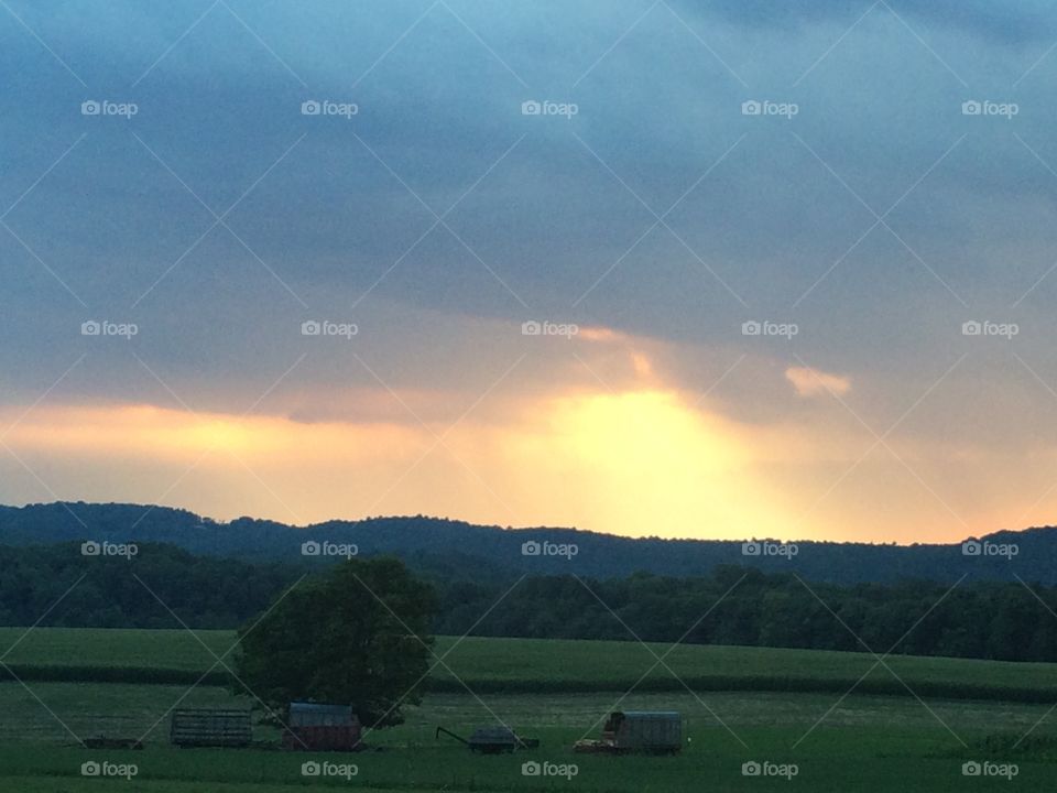 Mountain view of Farm and Sunset