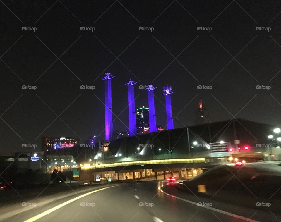 Kansas City, Missouri at night. The Bartle Hall Pylons