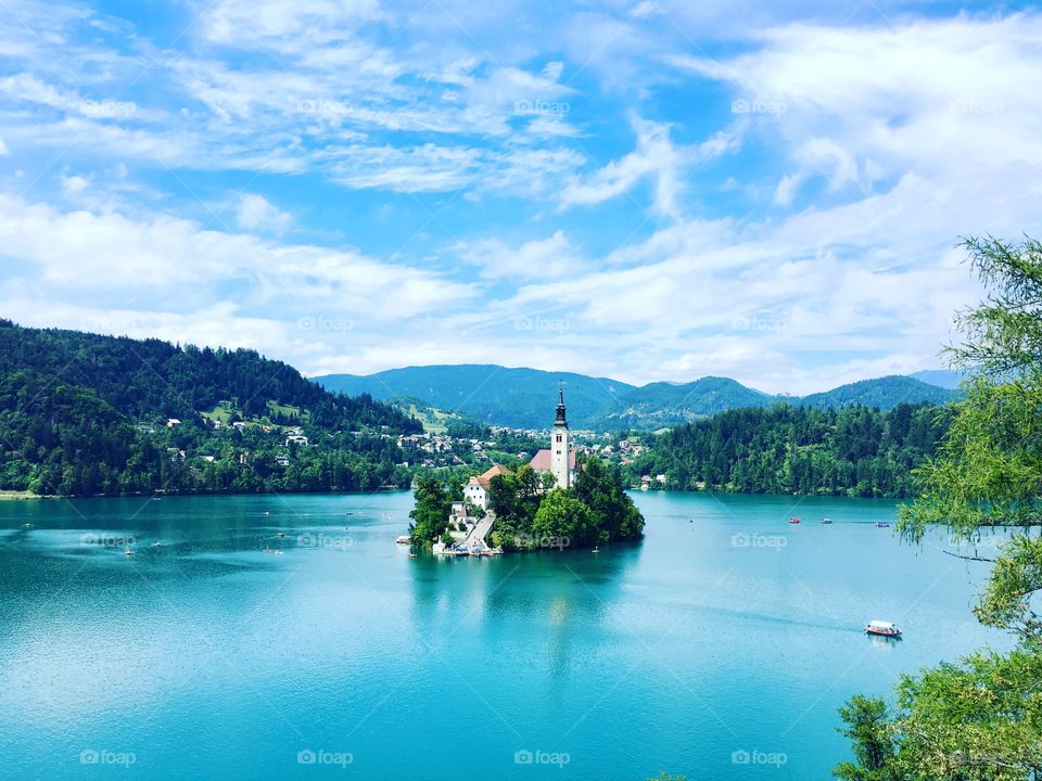 Small island in the middle of Bled lake of Slovenia