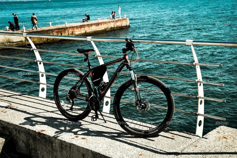 Black Bicycle Parked Seaside