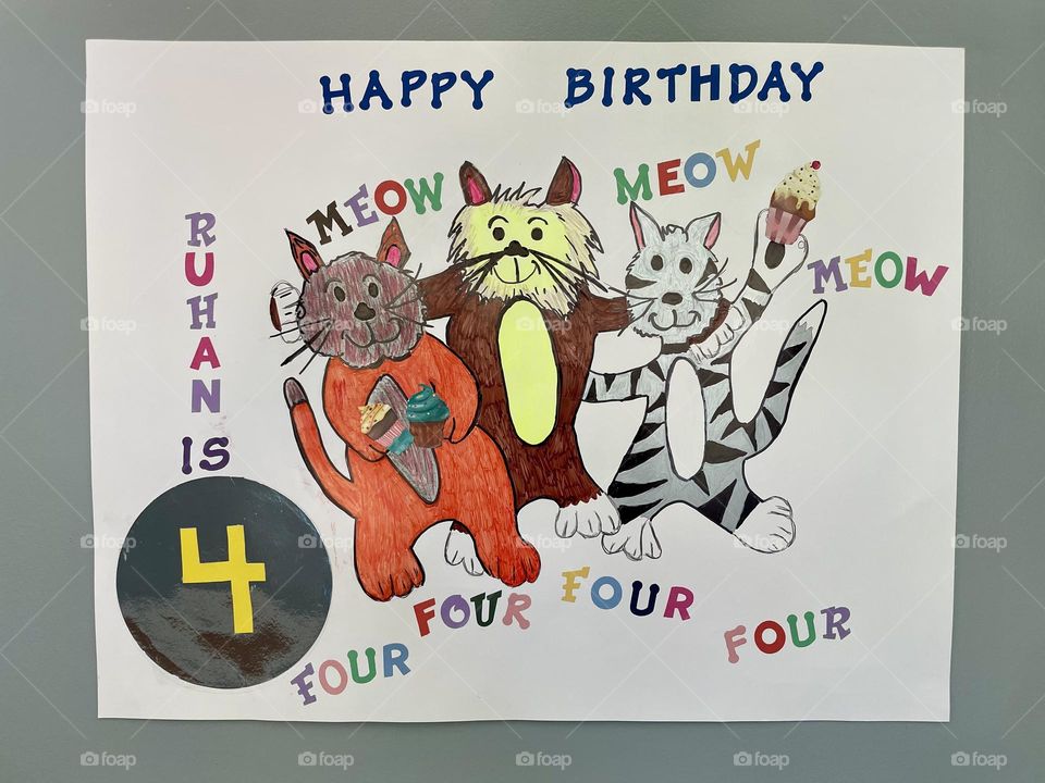 Happy Birthday sign, four year olds Happy Birthday sign, cat birthday sign, little girls birthday sign 