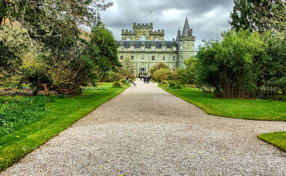 The imposing Inveraray castle in the highlands of Scotland is very popular for tourists.
