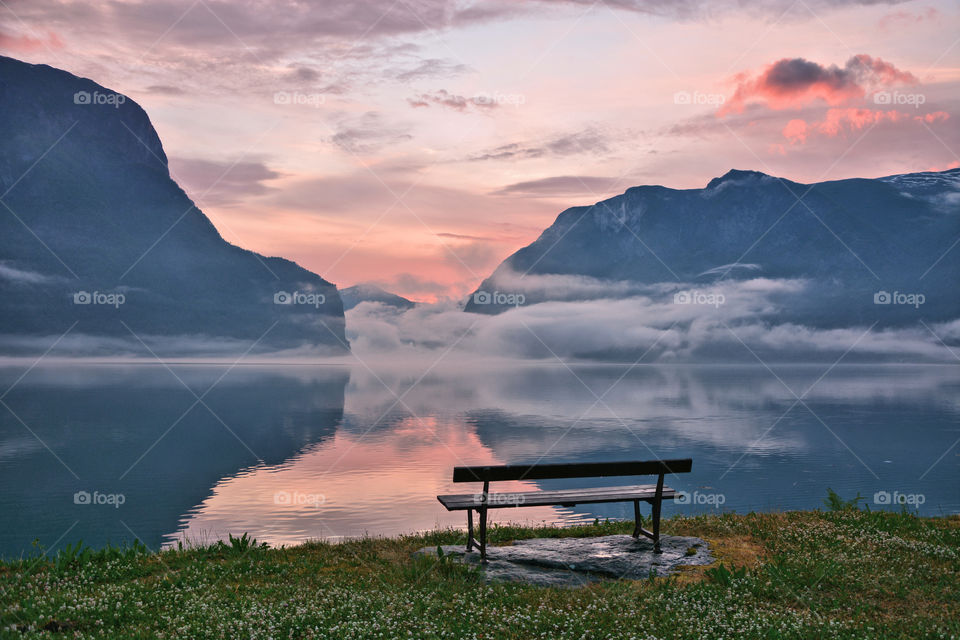 Misty sunset on the fjord