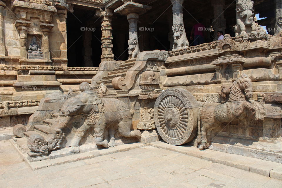 The stone temple incorporates a chariot structure, and includes major Vedic and Puranic deities such as Indra, Agni, Varuna, Vayu, Brahma, Surya, Vishnu, Saptamtrikas, Durga, Saraswati, Sri devi (Lakshmi), Ganga, Yamuna, Subrahmanya, Ganesha, Kama, R