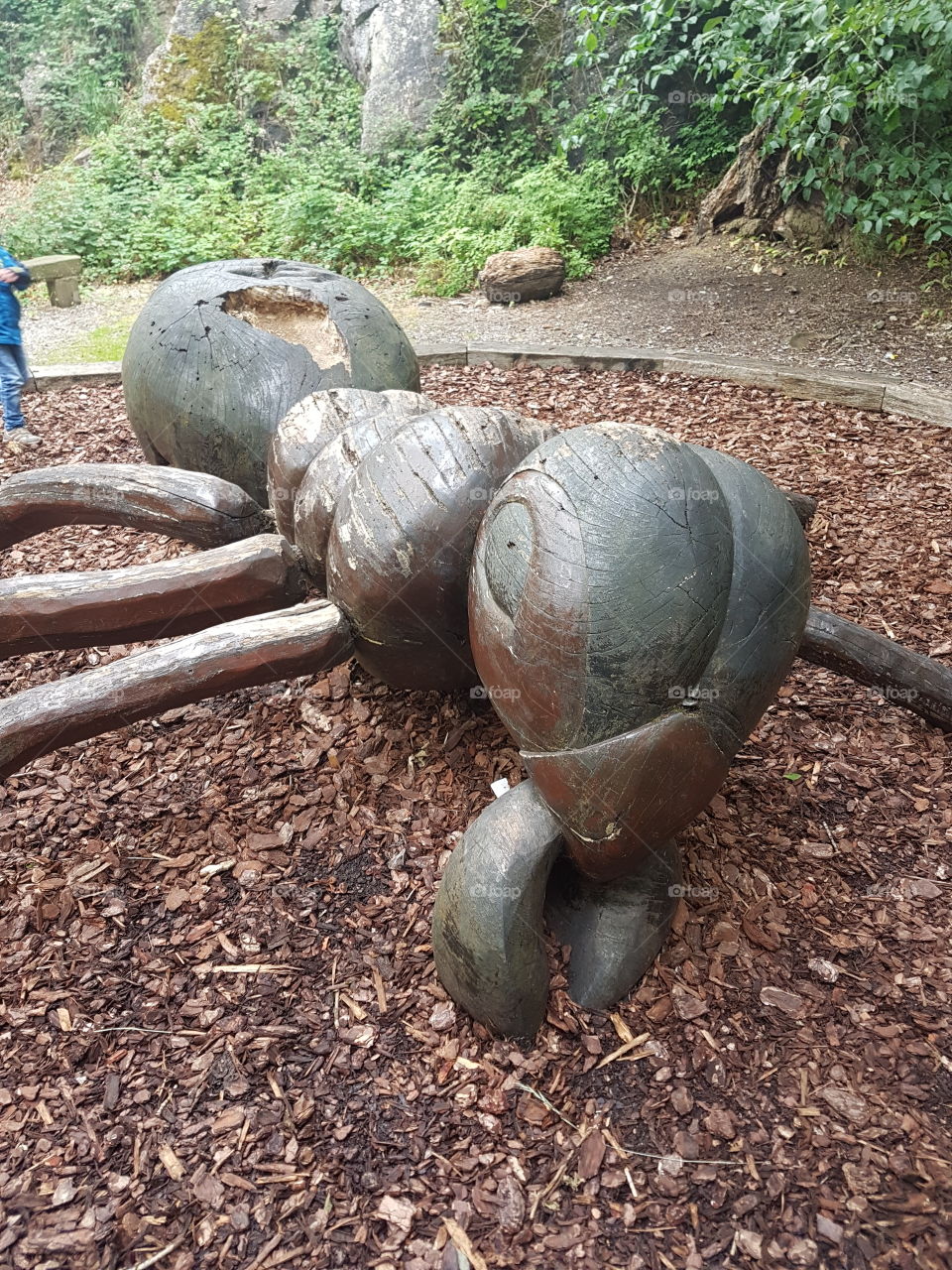 A wooden sculpture of an ant in a forest