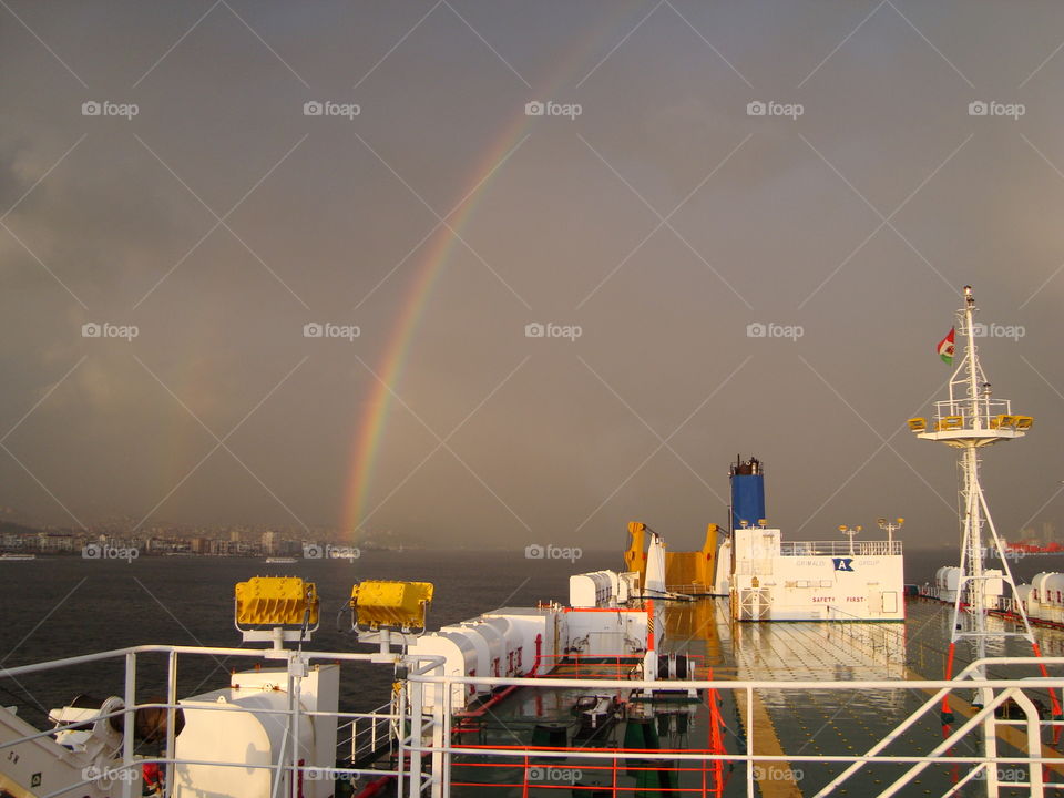 # Ship# Rainbow# Awesome# ship's weather deck# Grimaldi lines# Clear sky# seven colours#