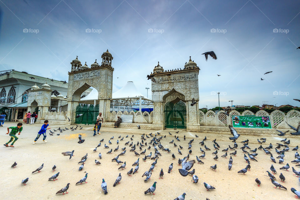 kids playing with pigeons inside campus of a mosque in Srinagar, Jammu and Kashmir, India