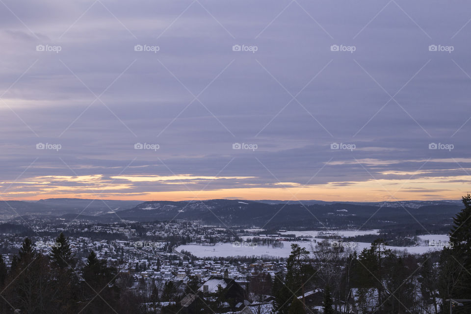 View from above of Oslo during sunset 