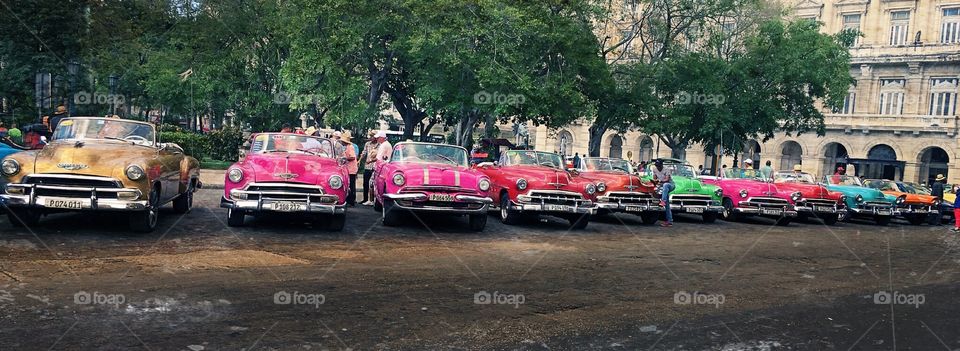 Cuban taxi drivers wait for work with their beautiful old cars