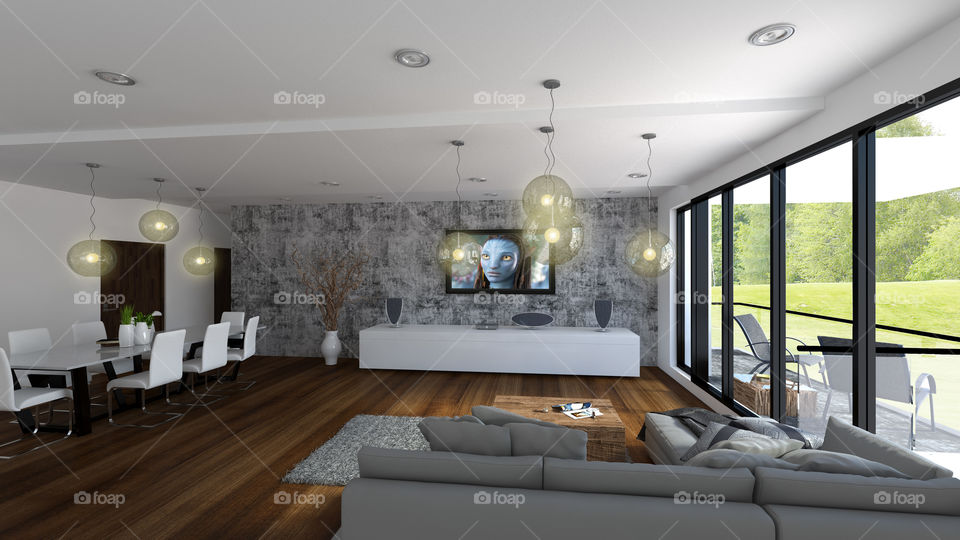 Luxury living room with view to golf green.

3D render (illustration) of the living room and dining room near the golf course. Luxury materials in the spacious room. Lightroom for excellent relax and living by lifestyle of millionary