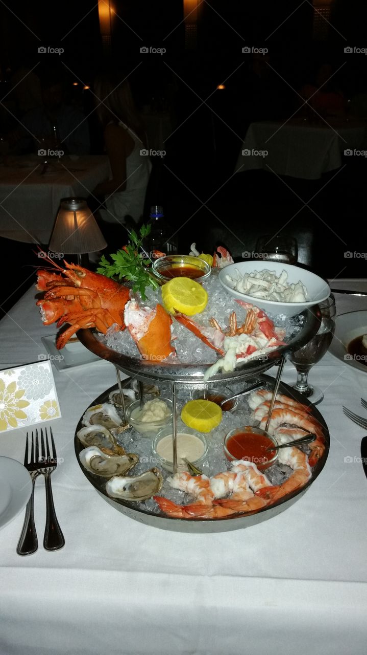 the seafood tower. Maine  lobster huge shrimp,lump crab meat ...oysters from Beau Canada and Malpeque Rhode Island!