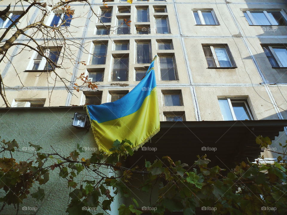 National Ukrainian flag on a residential building in Kiev