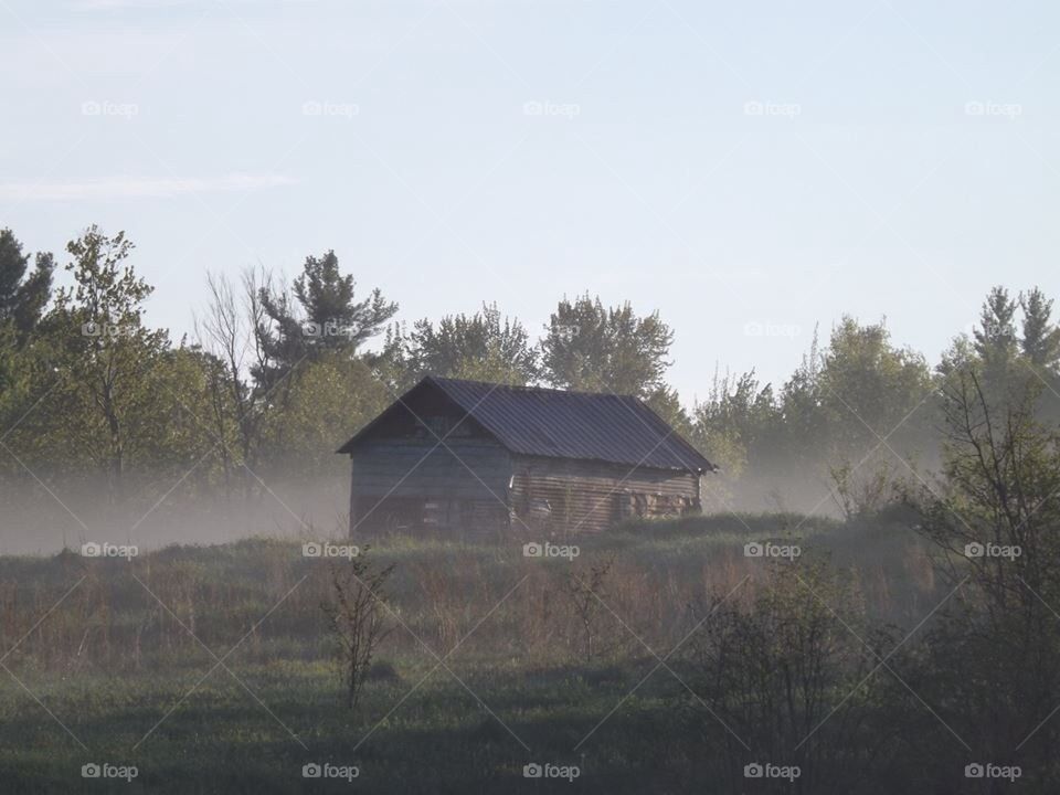 Morning fog lifting farm