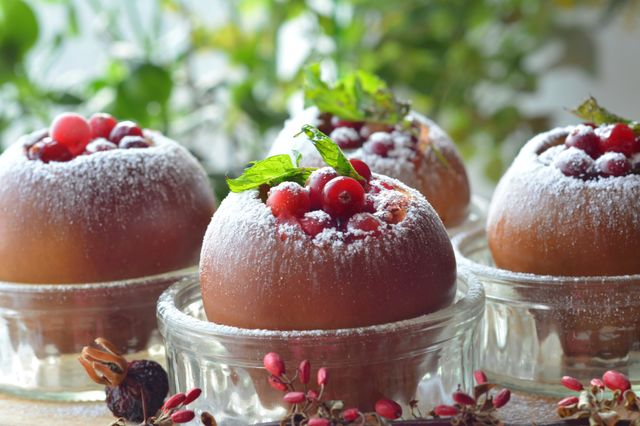 Baked apples in glass bowl