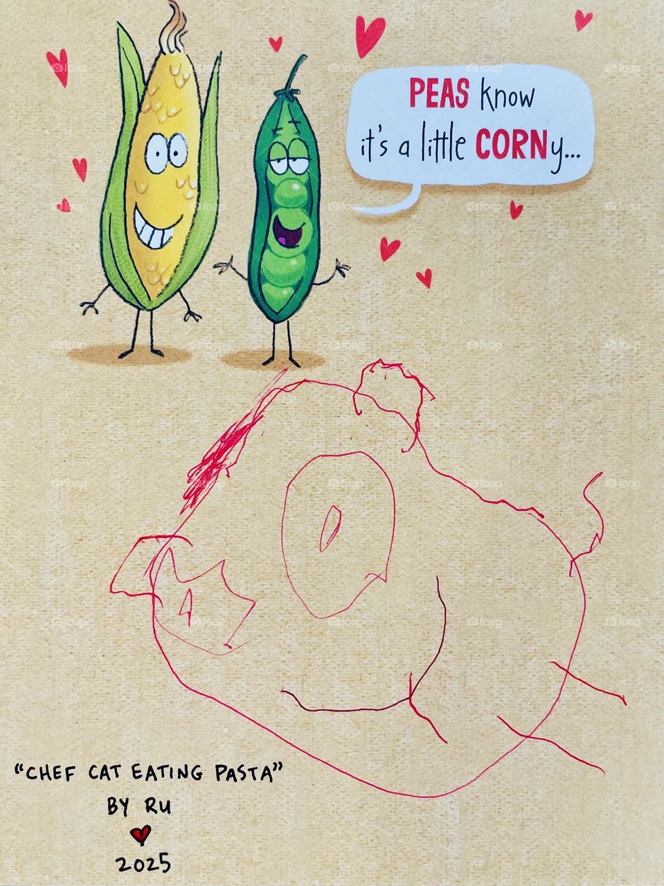 Child draws on Valentine Card for uncle, making colorful drawings, cute cat drawing by four year old 