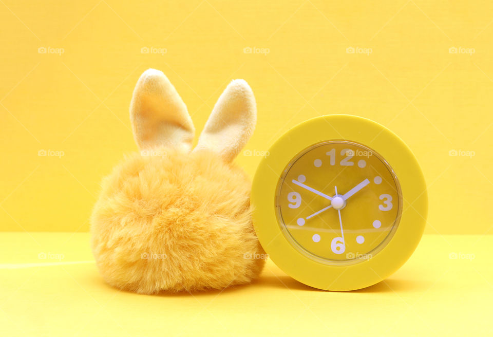 yellow fluffy toy Bunny with a yellow alarm clock on a yellow background