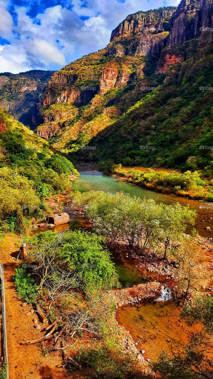 river in the mountain, river, Mountain, water, trees, foliage, colorful, nature, landscape, sky, clouds