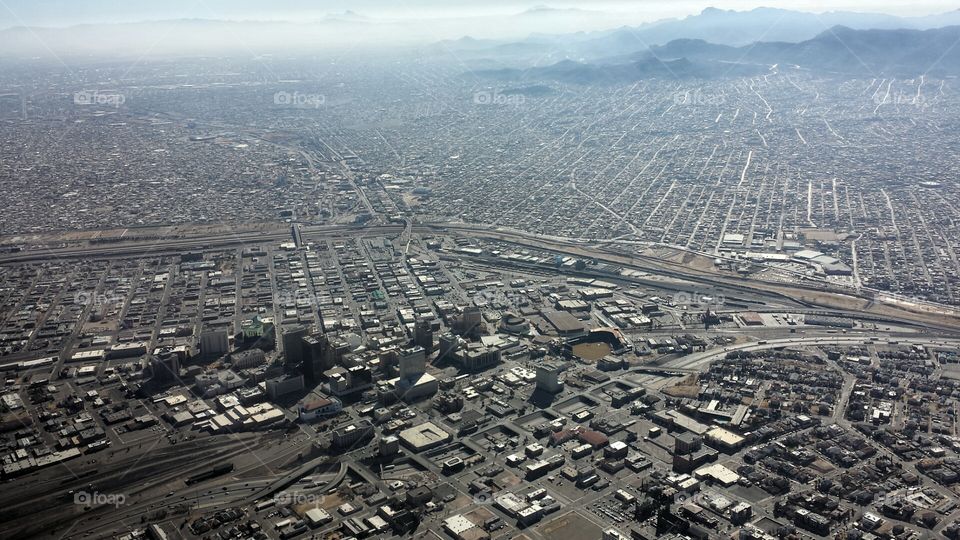 El Paso. View of El Paso and Juarez from an airplane, looking south