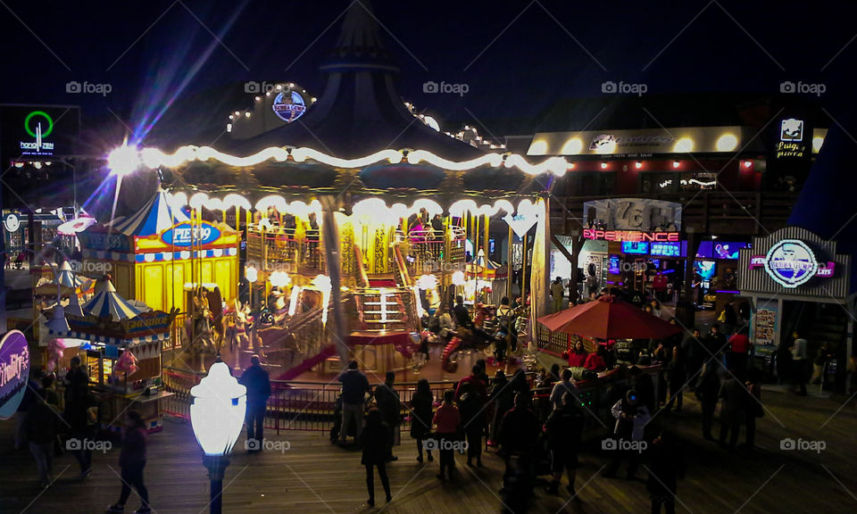 Lights on the Carousel at night at Pier 39 in San Francisco, California.