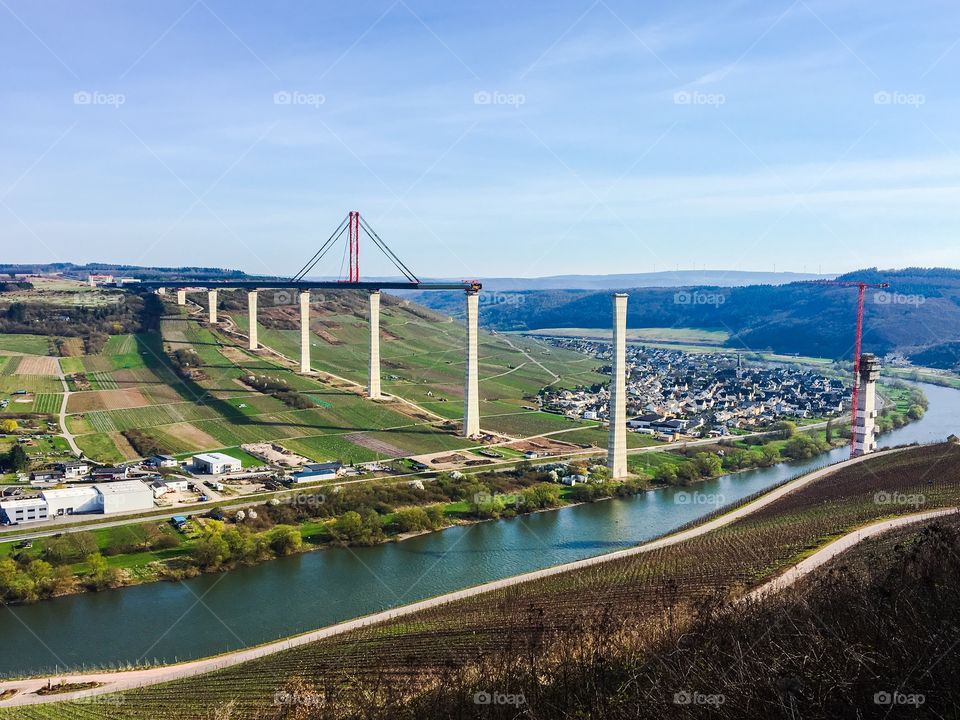 High Moselle Bridge construction side And Moselle River Valley Landscape Germany 