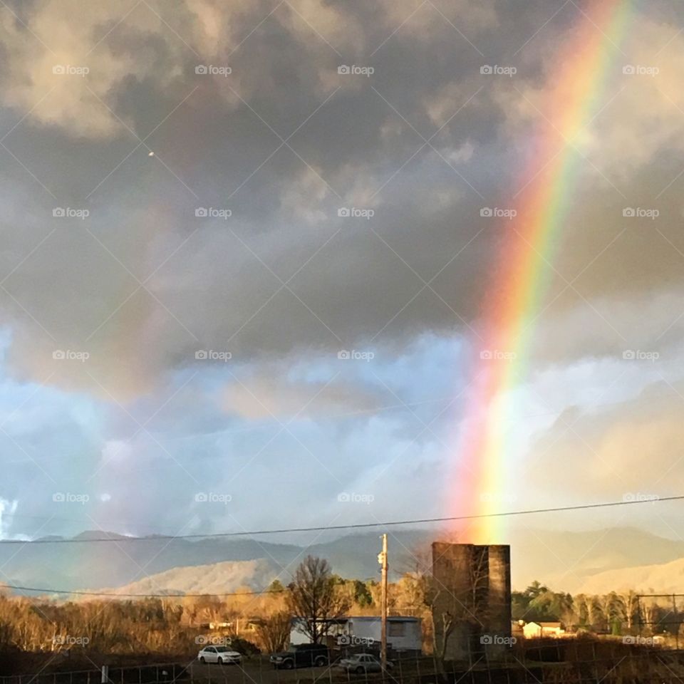 A double rainbow with the brighter side appearing to come out of a silo.  There’s also a tiny bird flying in the top left corner.