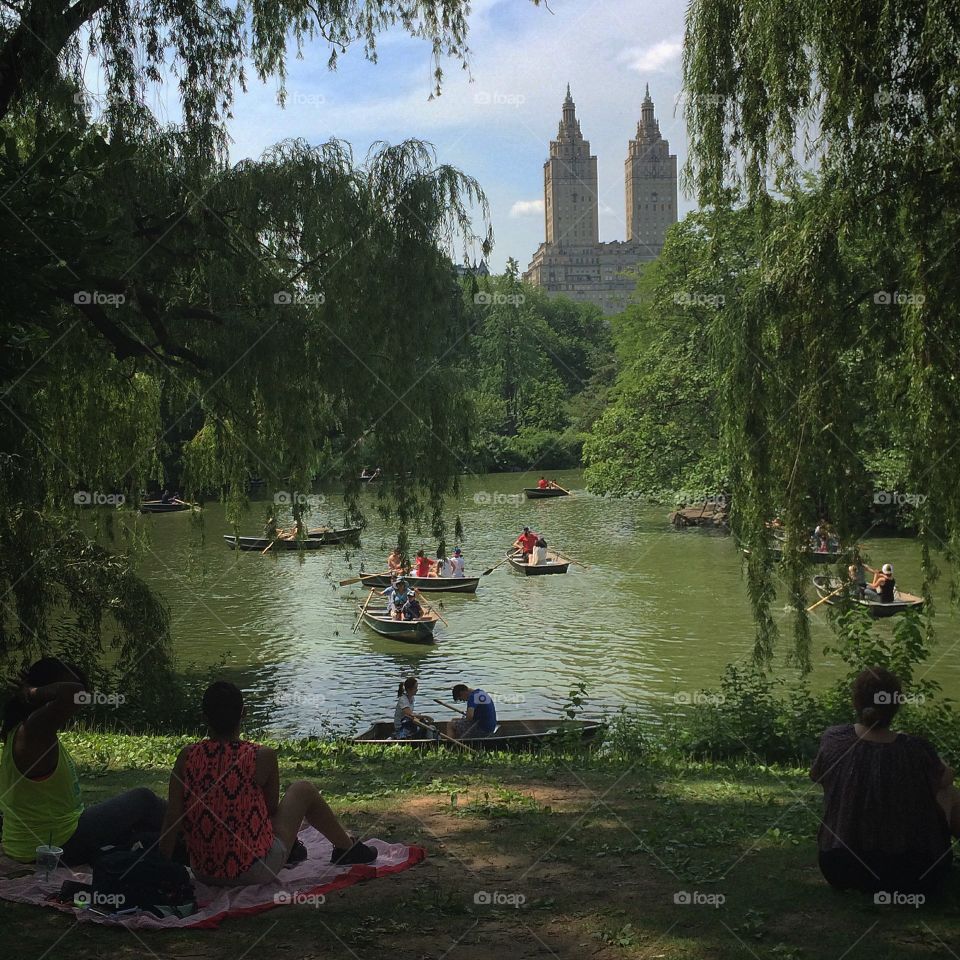 Sunday in Central Park. A beautiful view of the famous Belvedere Castle framed by hanging trees and happy families canoeing 
