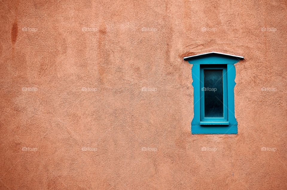 Turquoise window in Santa Fe, New Mexico. Complimentary colors, travel photography 