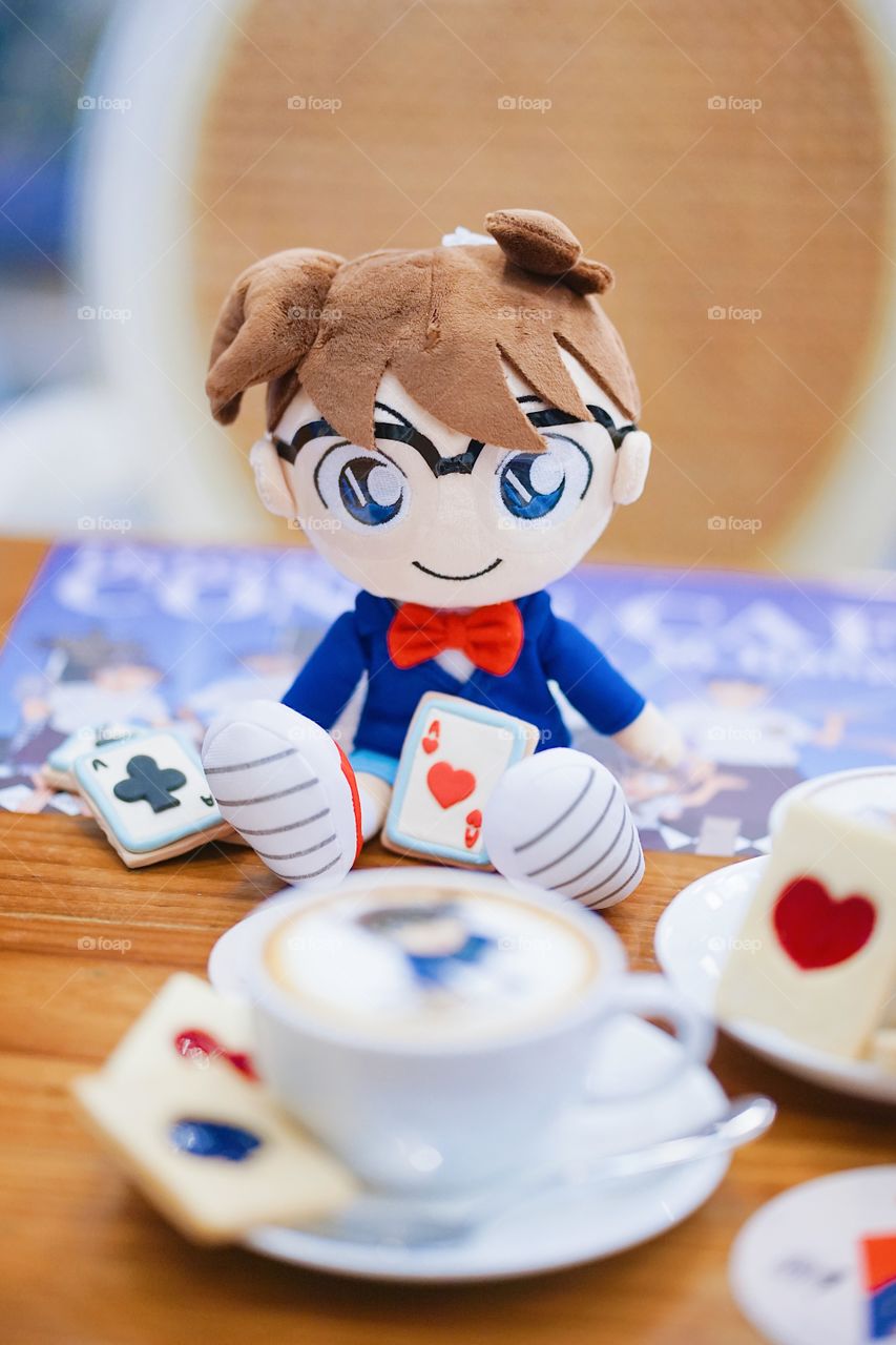 BKK, Thailand - Aug 17, 2018 : A photo of Conan soft plush toy at Bake-a-Wish decorated in Conan theme, to promote The Detective Conan the movie : The first blue sapphire (2019).