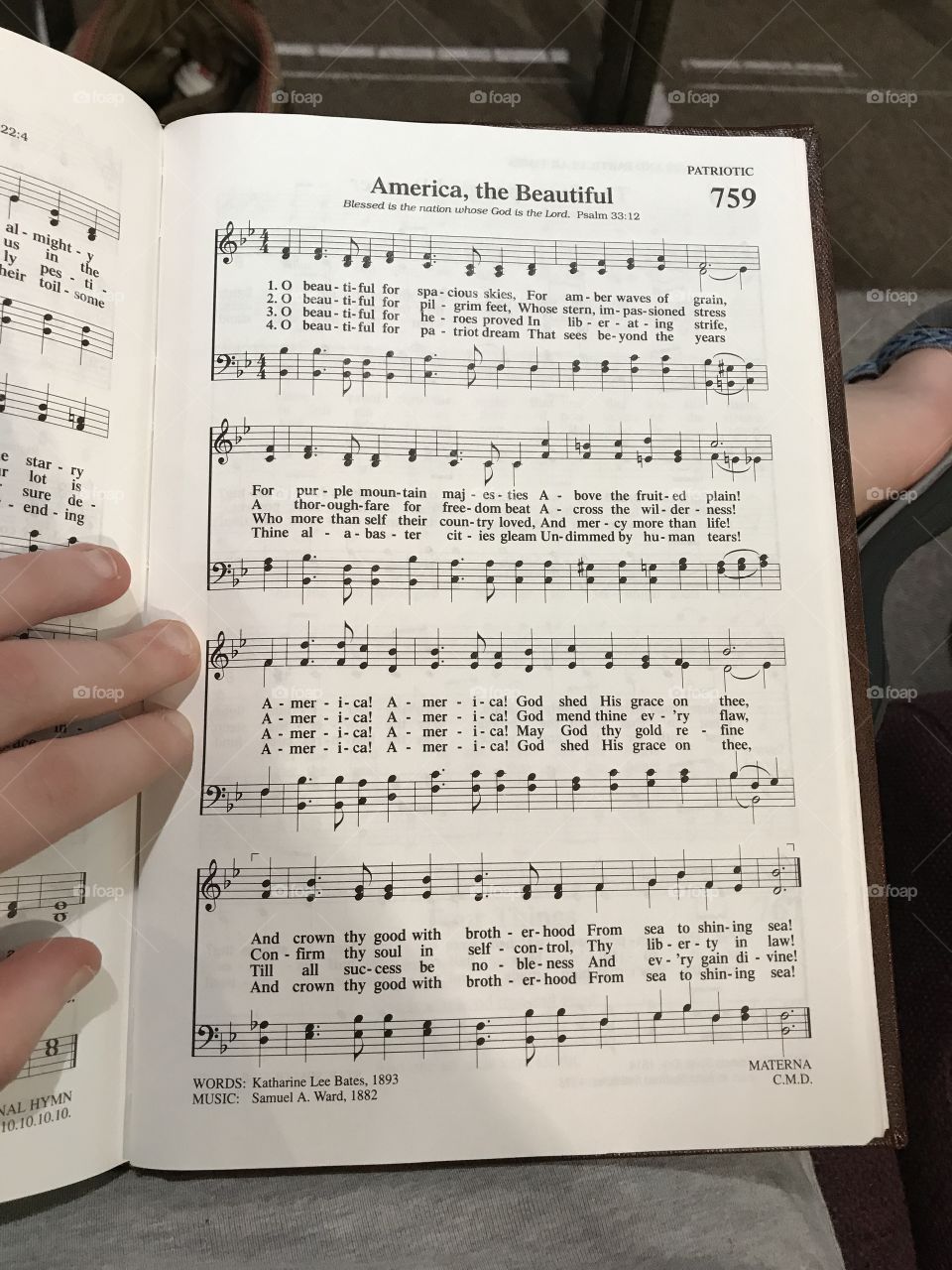 America, the Beautiful sheet music straight from a Nazarene Hymnal.