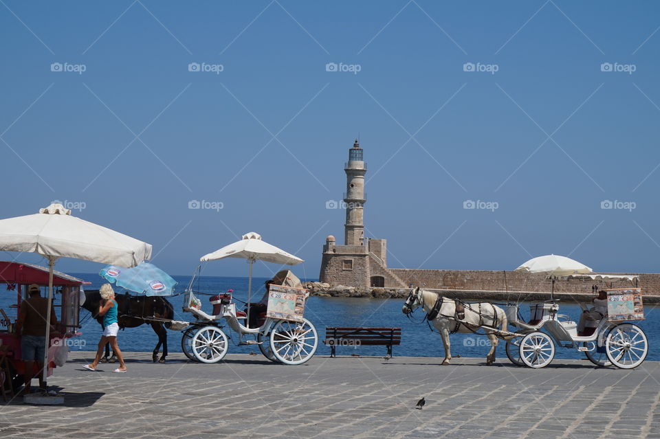 Horse & Cart, Chania Harbour, lighthouse Crete, greece