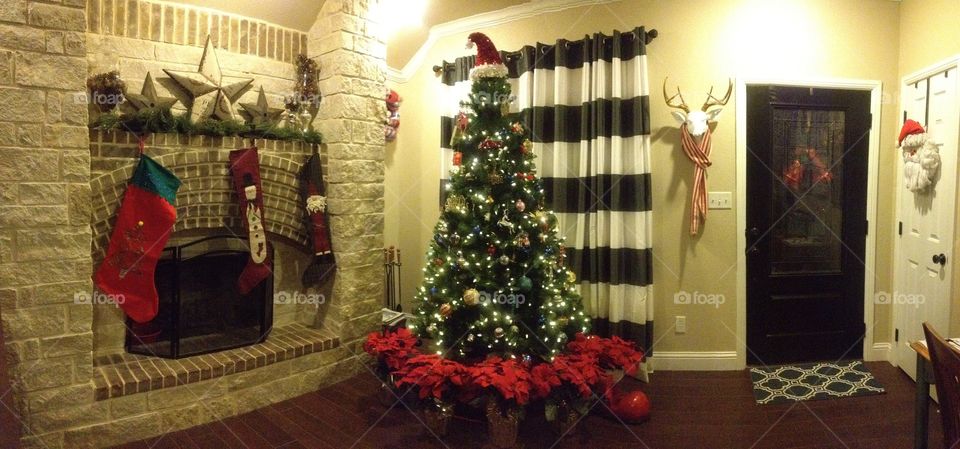 Christmas tree, poinsettias & fireplace mantle decorations.