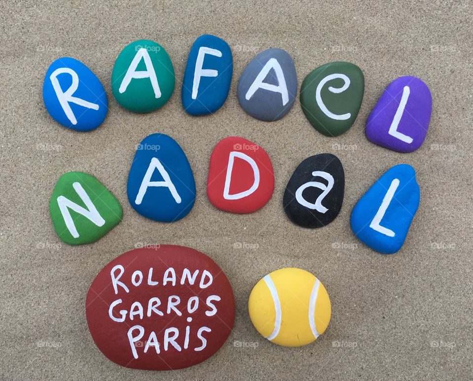 Rafael Nadal, spanish professional tennis player at Roland Garros, souvenir on colored stones 
