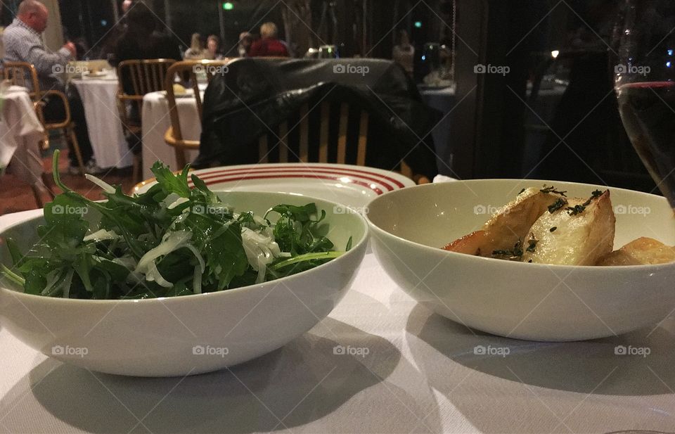 Saltbush roasted potatoes and mustard green salad