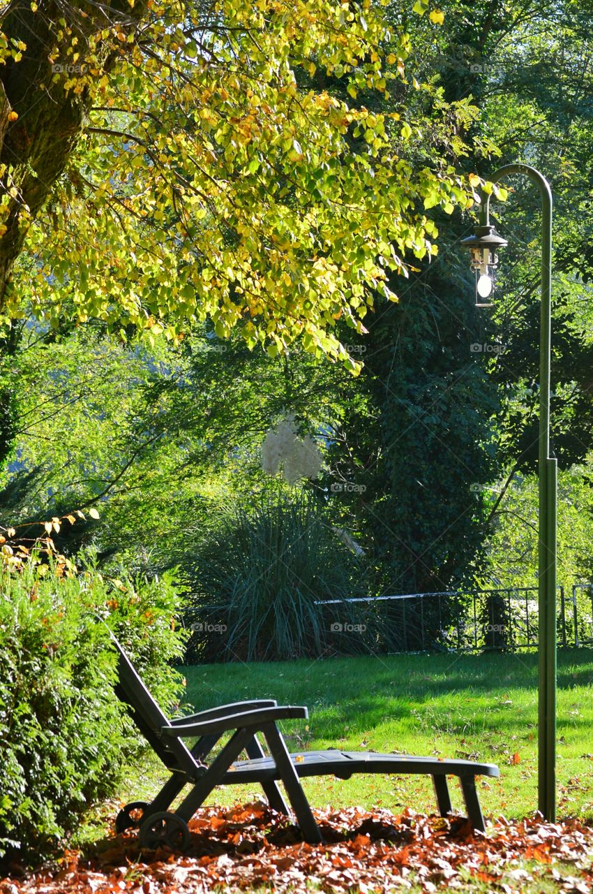 Empty deck chair in garden