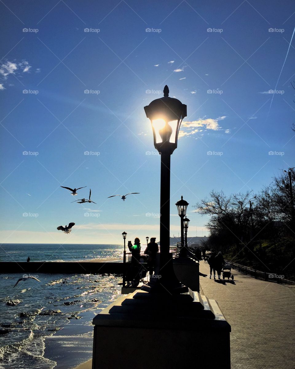 Seaside, seagulls and lightning 