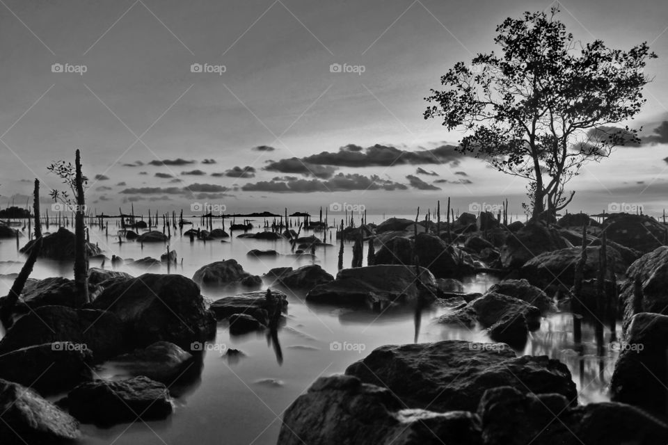 Black and white Sunset at Batakan beach, South Kalimantan, Indoneisia.