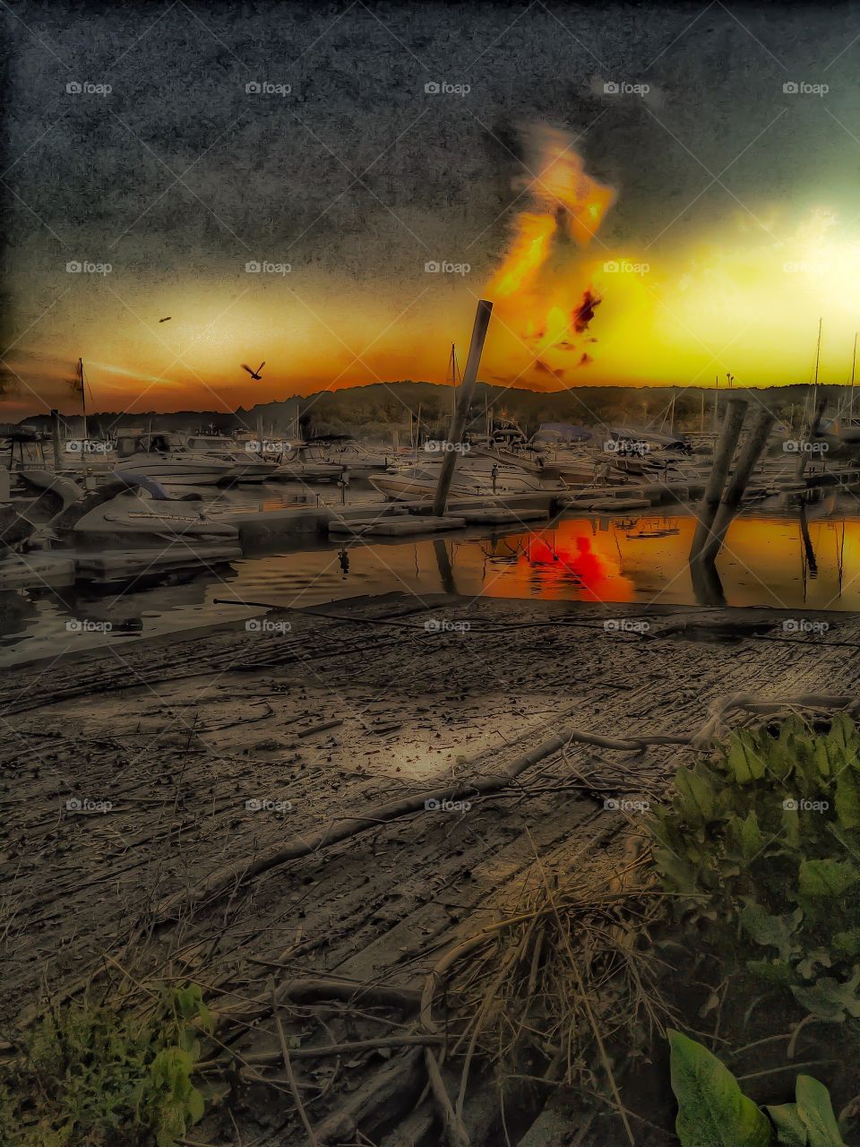 Apocalypse on the harbor. Dark, stormy, fiery apocalypse on the harbor 