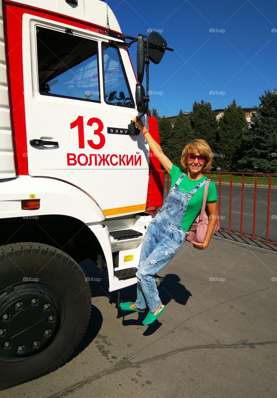 Woman and fire truck