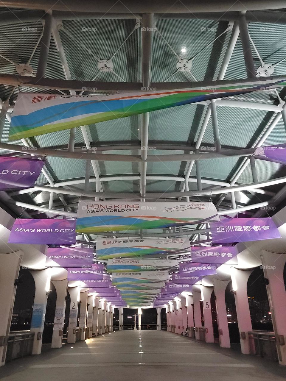 Lavender banners at Wanchai Pier of Hong Kong - Asia's World City