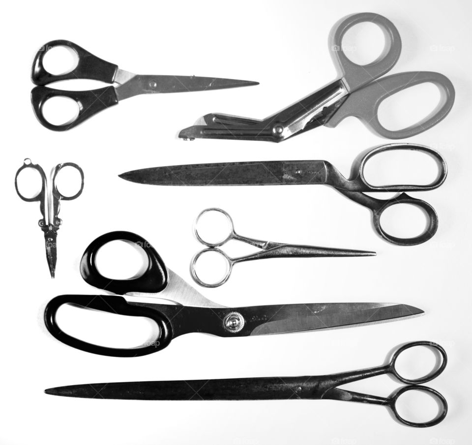 Scissors!. Many different types of scissors, in black and white.
