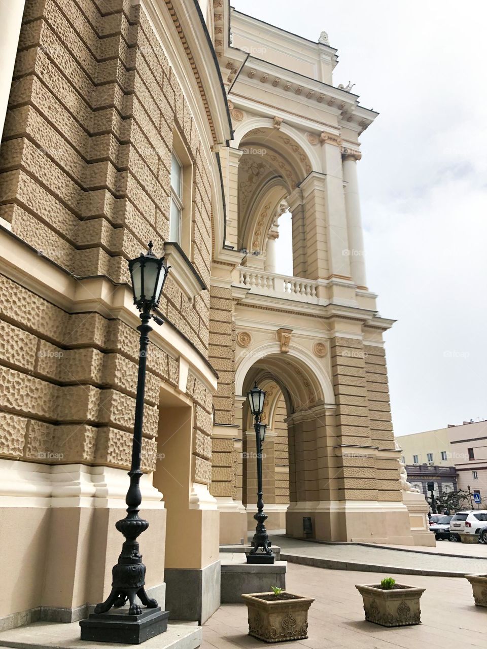 Arches and lanterns of the Opera House in Odesa Ukraine 