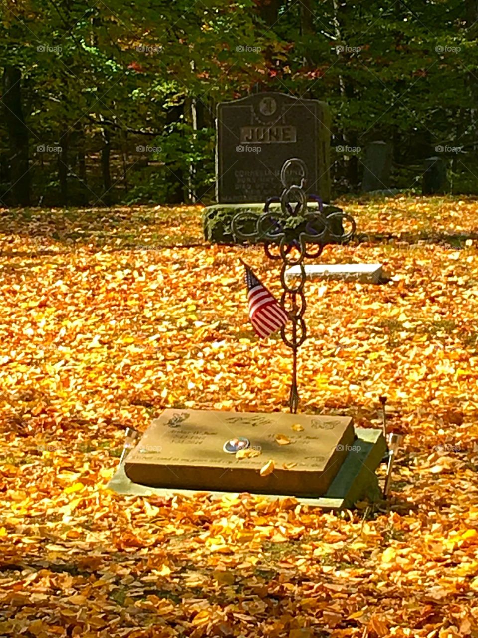 Autumn cemetery with flag