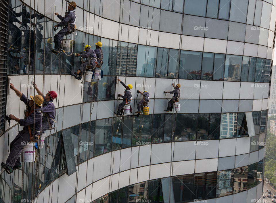 china, Beijing, window cleaners, dangerous work, skyscraper