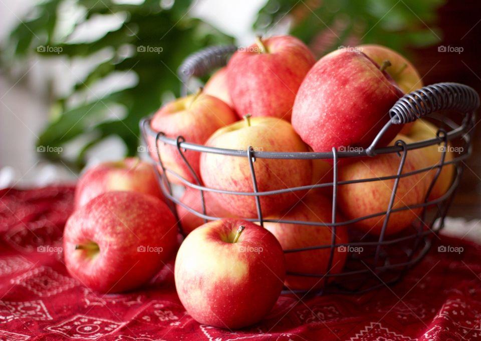 Fruits - Gala apples in a wire basket with a partially peeled apple and peeler on a red bandana-print tablecloth